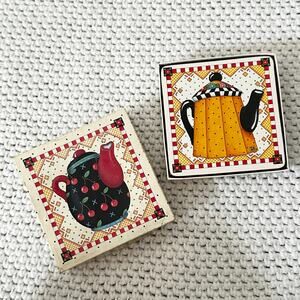 Mary Engelbreit Decorative Cork Backed Teapot Coaster Box Set of 6 Full Complete